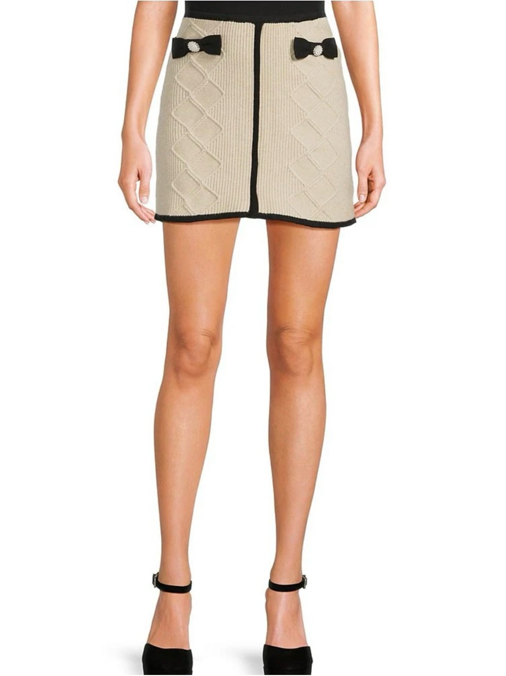 Blu Pepper Beige Mini Skirt with Black Trim and Bow Details